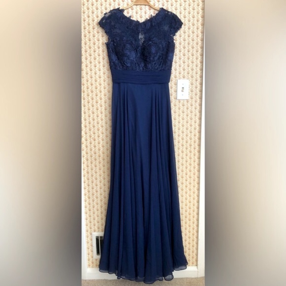 La Femme Lace Chiffon Maxi Evening Gown in Navy | 6 - Picture 2 of 8